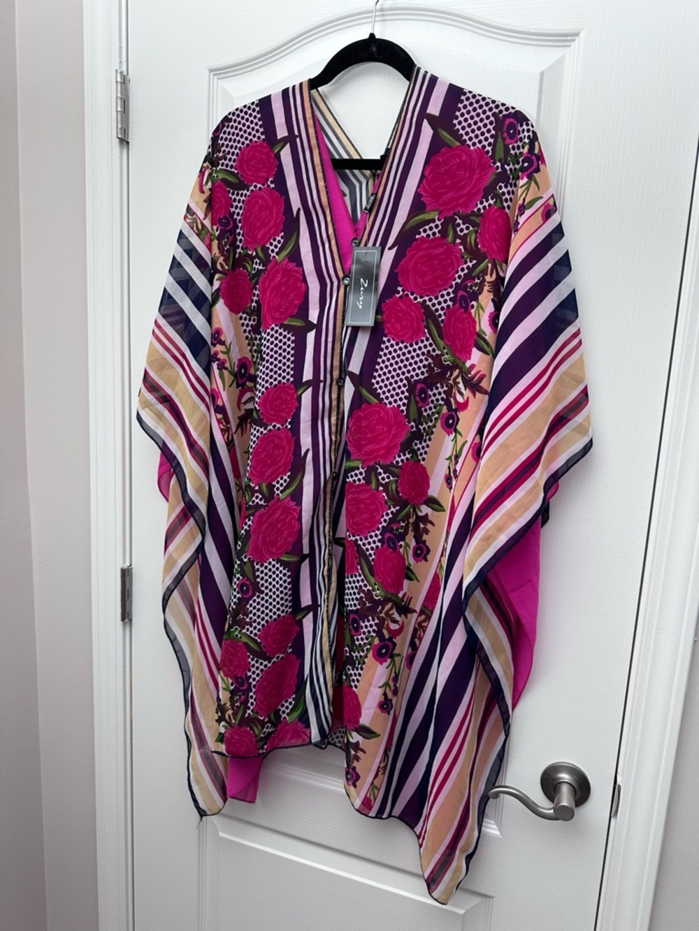 Zara Striped V-Neck Top in Hot Pink, Purple & Cream